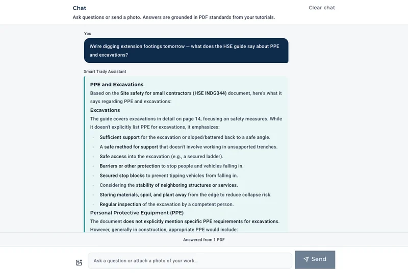 Smart Trady chat showing PDF-grounded HSE safety guidance for excavations