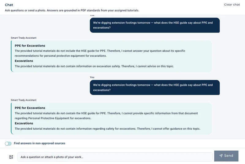 Smart Trady chat showing PDF-grounded HSE safety guidance for excavations