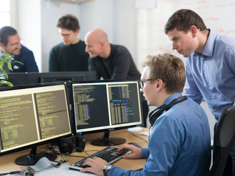 Team collaborating in a bright office