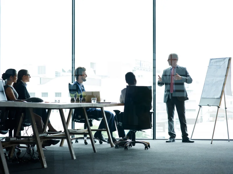 Team collaborating in a bright office